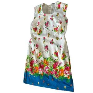 Vintage 60s Floral Garden Print Sleeveless Shift Dress White Blue Mod Size M